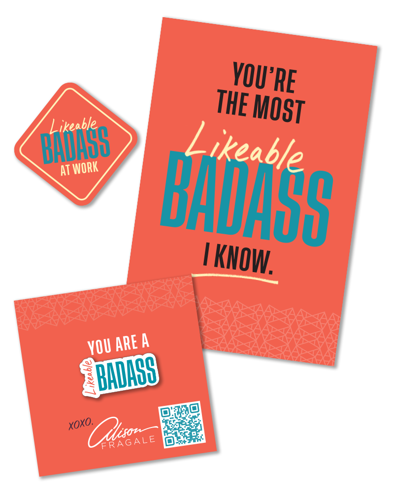 LIkeable Badass postcard, sticker and pin